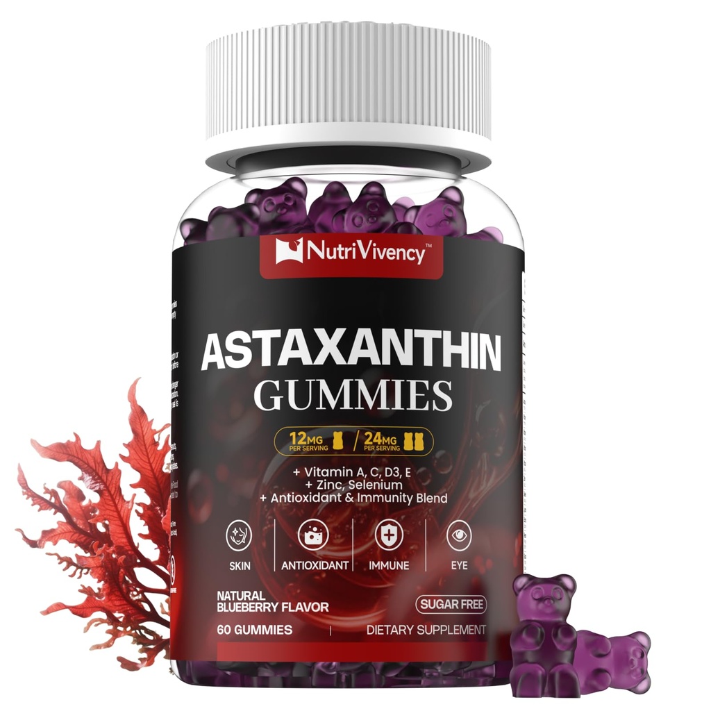 Astaxanthin Gummies, 12mg Per Gummy 24mg Max, Astaxanthin Kosttilskudd med vitamin A / C / D / E, Resveratrol, 14-IN-1 Antioksidanter Blanding for kvinner menn, hud, øyne, immun støtte, sukkerfri, vegansk, 60 Ct
