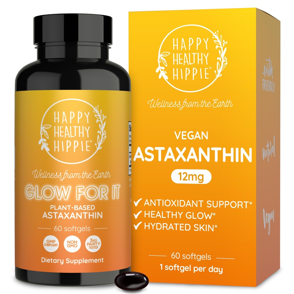 Astaxanthin Supplement 12 mg Plantebasert antioksidant for hudhydrasjon, elastisitet og strålende glød | Fra Algae Extract | Ikke-GMO, Vegan, laget i USA | 2 måneders forsyning, 60 Softgels