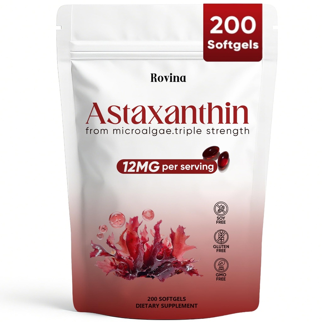Rovina Astaxanthin 12 mg, Astaxanthin Antioksidant kosttilskudd for immune, øye, hud støtte, ikke-GMO og Glutenfri - 200 Softgels