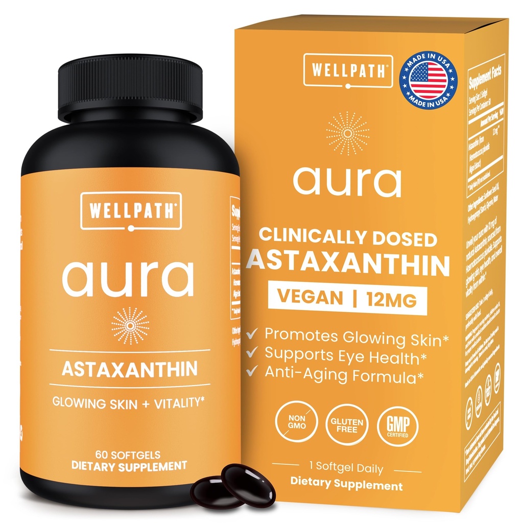 WellPath Astaxanthin 12mg Softgets | Vegansk Astaxanthin Kosttilskudd fra Microalgae | Antioksidanter for hudhydrasjon, elastisitet og øye helse | Ikke-GMO, laget i USA, 2 måneders forsyning