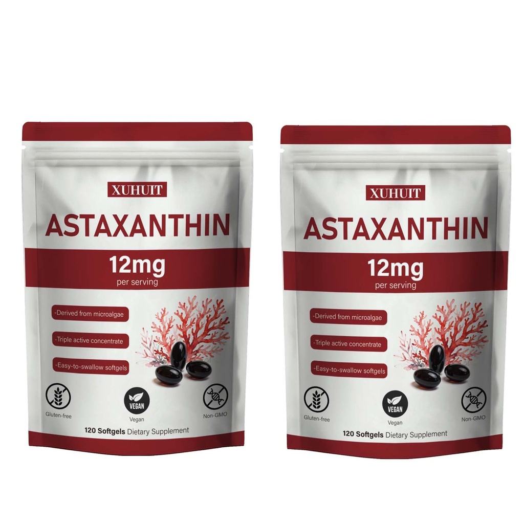Astaxanthin 12 mg Softgels | Natural Algae-Derived Botanisk ekstrakt (Haematococcus pluvialis) | Lett svelge, ikke-GMO, 120 greve per pose (2)