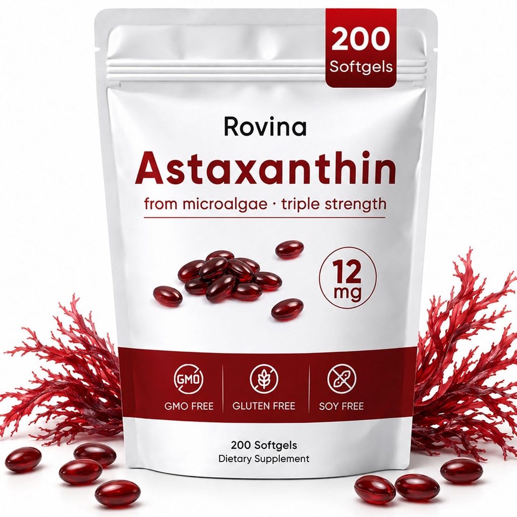 ROVINA Astaxanthin 12mg Softgels, Antioksidant Supplement støtter øyet, huden, immun, felles, indre sirkulasjon, ikke-GMO og glutenfri - 200 Softgels