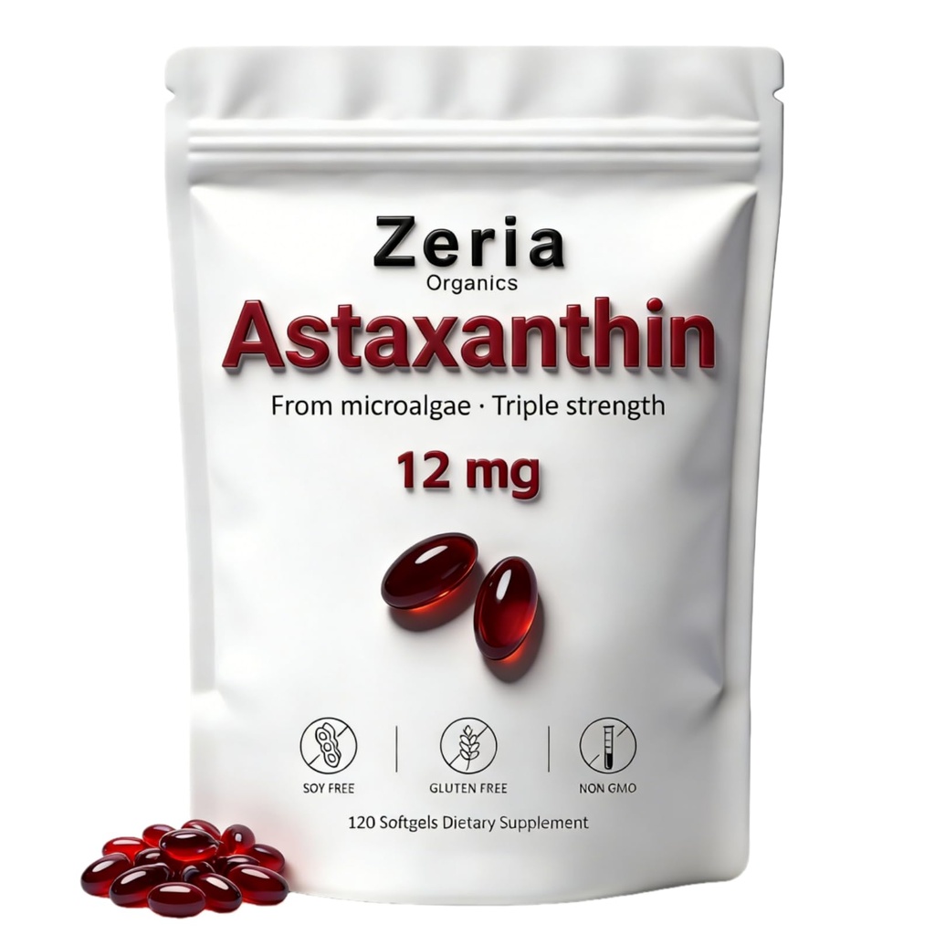 Astaxanthin 12mg, naturlige Astaxanthin kosttilskudd Algae,120 Softgels (1 pose)