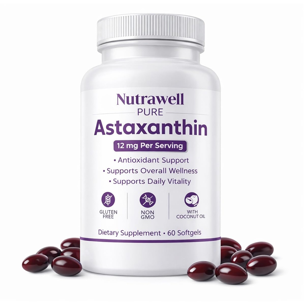 IRMI Nutrawell Astaxanthin 12 mg Softgels, Premium Natural Astaxanthin | Glutenfri, Ikke-GMO | Daily Eye & Skin Support, 60 Myke geler
