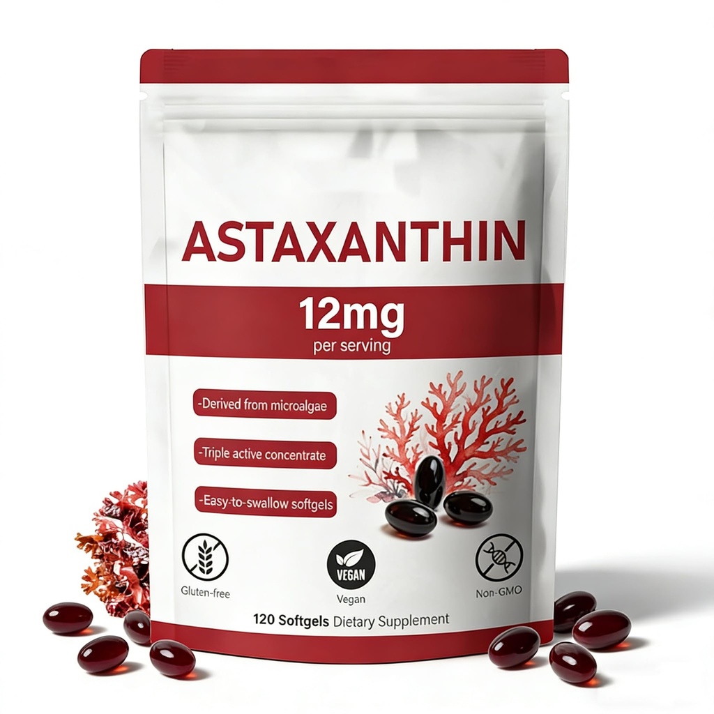 Premium Astaxanthin 12mg, Naturlig Antioksidant Supplement,Fresh Microalgae Kilde,Non-GMO & Ingen Gluten,12mg -120 Softgels,4-måneders Supply