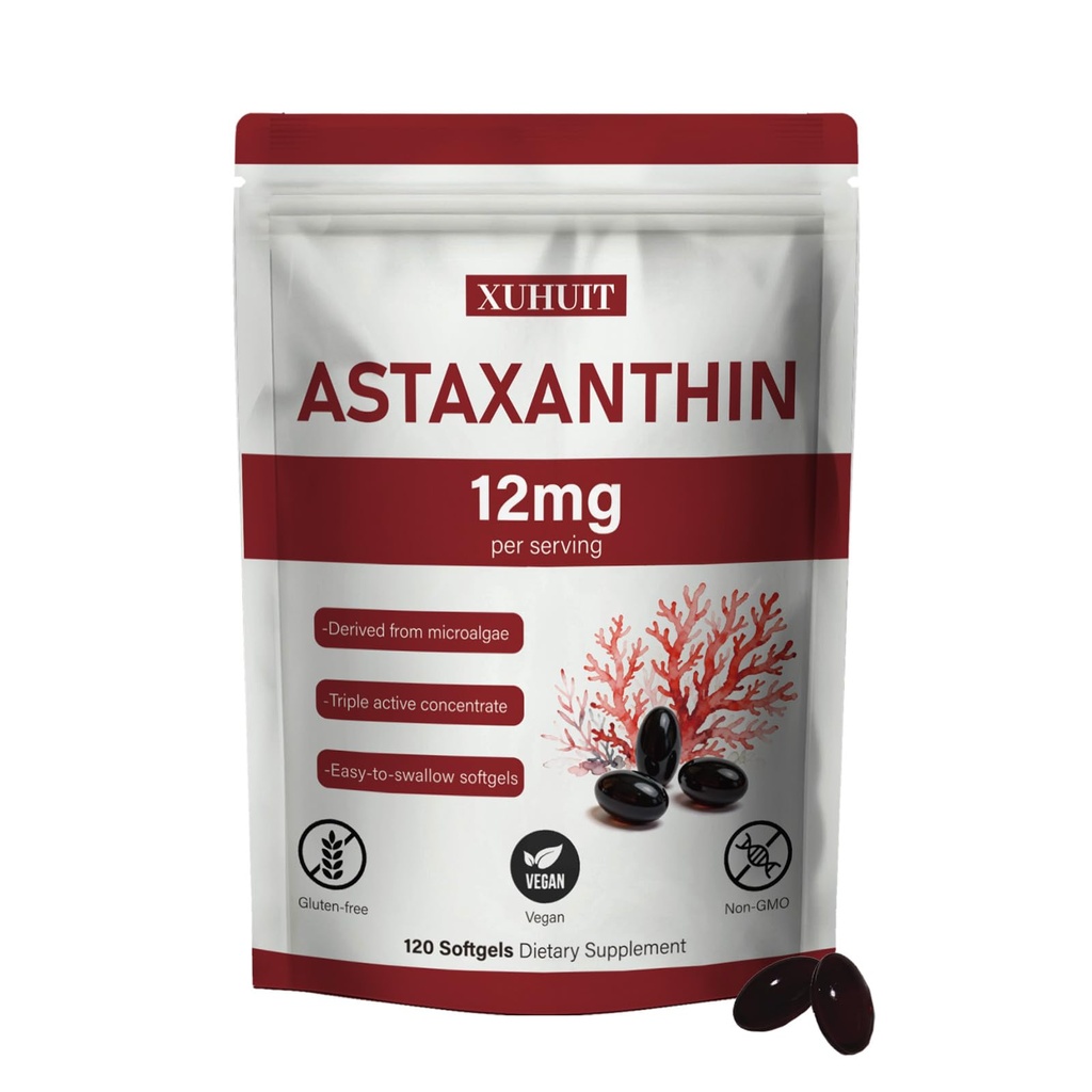 Astaxanthin Supplement 12 mg, 120 Softgels | Premium naturlig Astaxanthin Antioksidant fra Microalgae | Høy styrke, ikke-GMO, Gluten og soya fri formel (1)