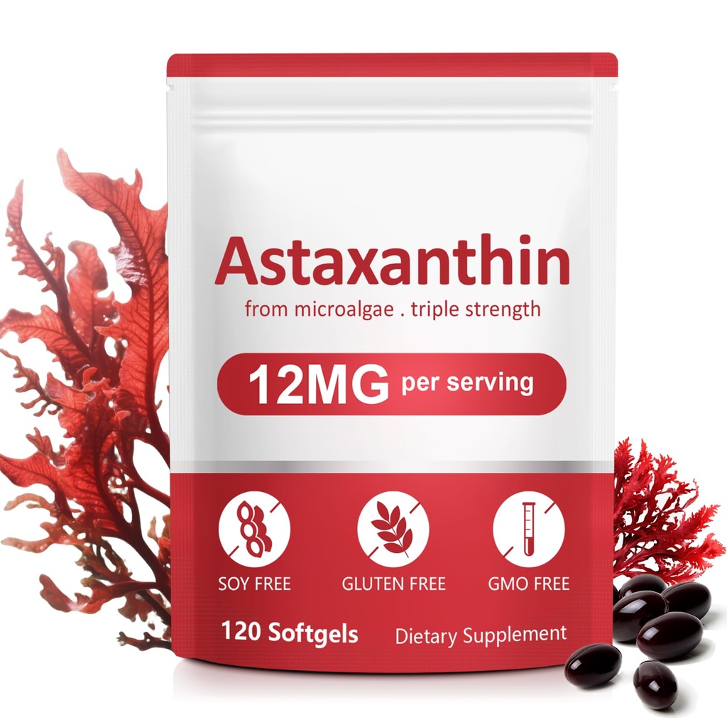 Astaxanthin Supplements,12mg Astaxanthin Natural Anti-Aging Formula - støtter øyne, felles, indre sirkulasjon og hud helse, ikke-GMO ikke-Gluten