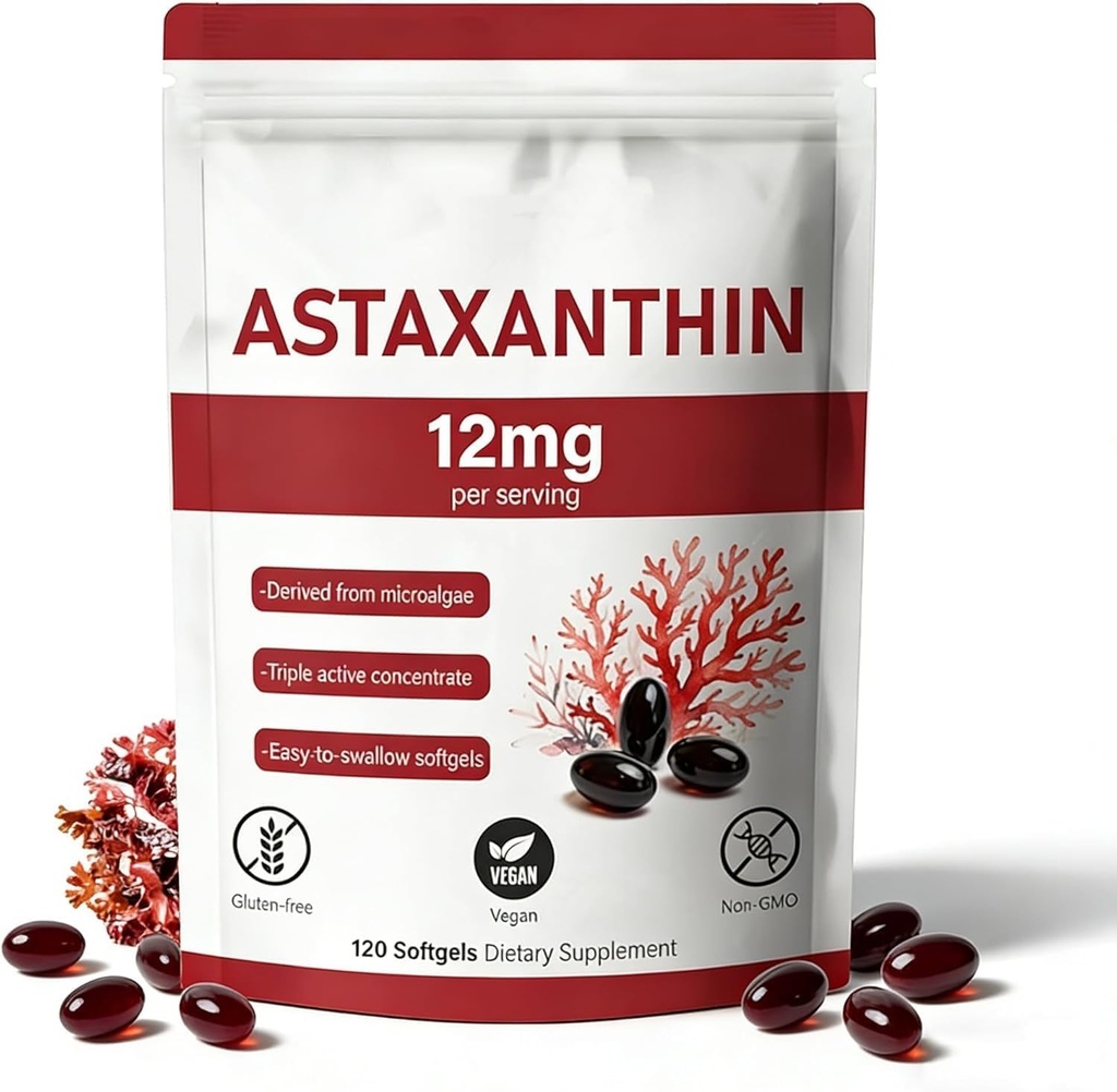Astaxanthin 12mg, 120 Softgels, naturlig mikroalgaekilde, ikke-GMO Glutenfri, 4 måneders forsyning