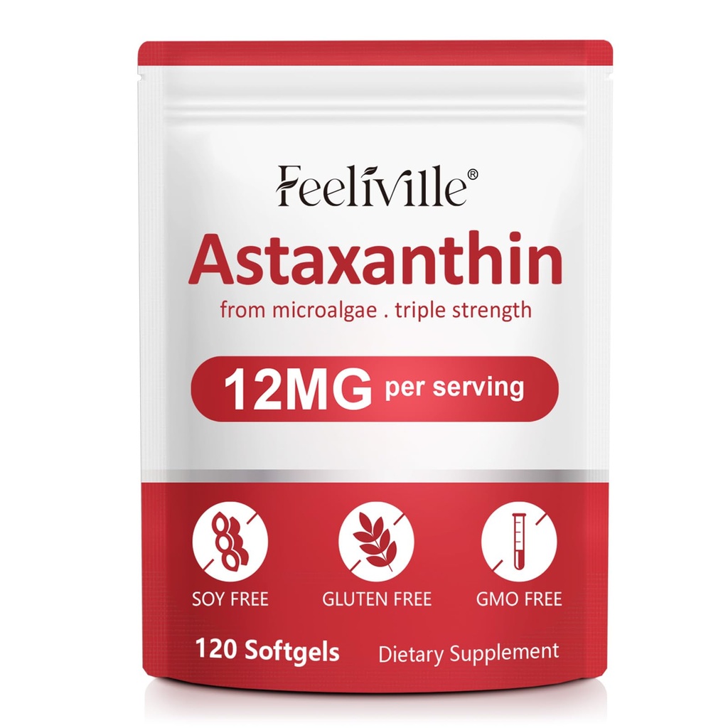 Premium Astaxanthin Supplementer 12 mg 120 Softgels, Astaxanthin Antioksidant Supplement for øye, hud, felles, hjerne, frisk mikroalgae kilde for hjerte og immunsystem helse