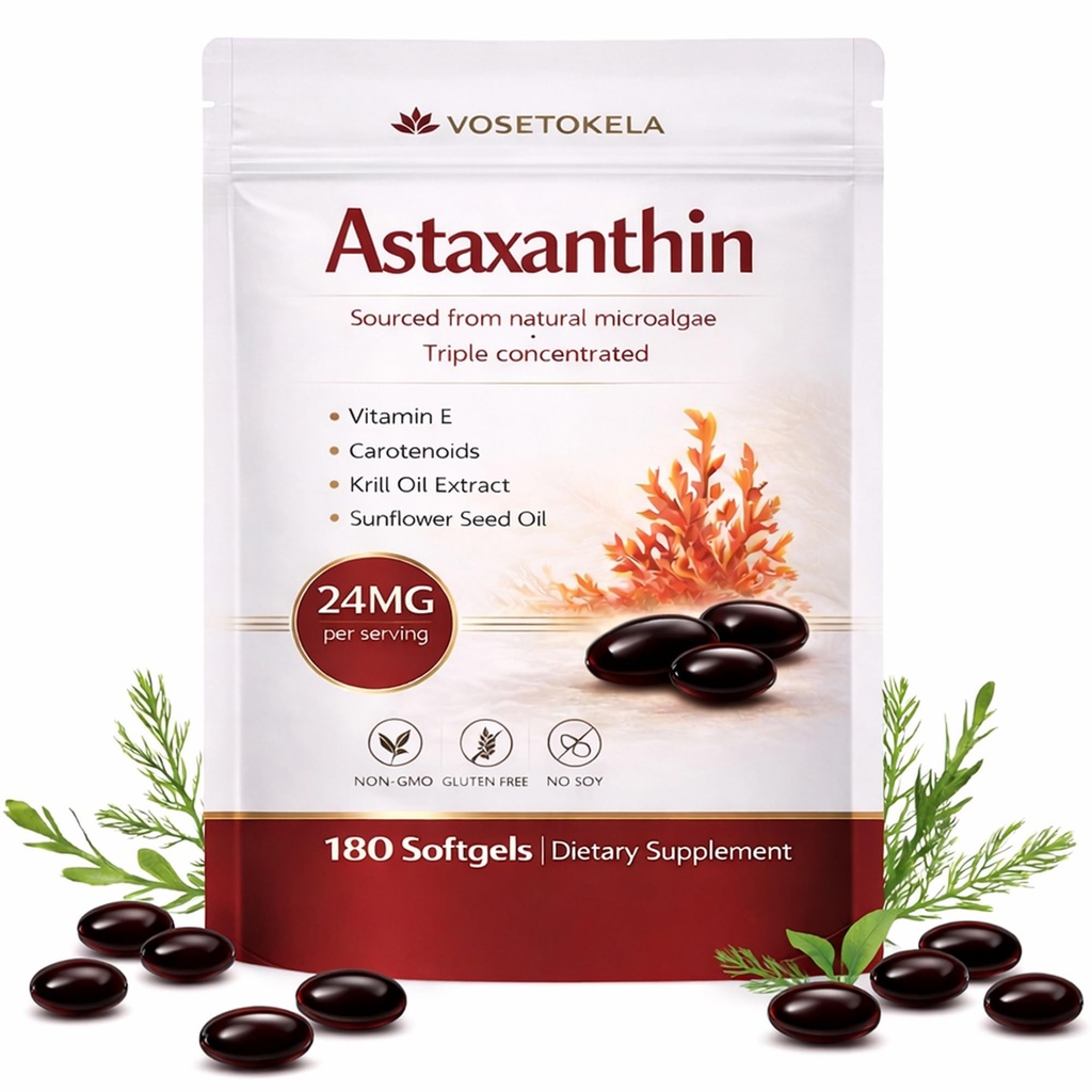 Astaxanthin Supplements, Astaxanthin Antioksidant Kapsler, 180 Softgels, 24 mg Hver, 6 måneders Supply, fra Microalgae, Glutenfri, Ikke-GMO, støtter en sunn, balansert livsstil
