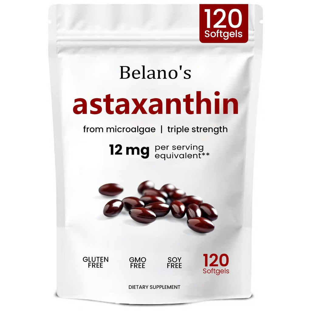Belanos Astaxanthin 12mg, Astaxanthin Softgels, Premium Astaxanthin Antioksidant Supplement | Helse og energistøtte, ikke-GMO, Vegansk-vennlig og Glutenfri - 120 Softgels (1 pose)