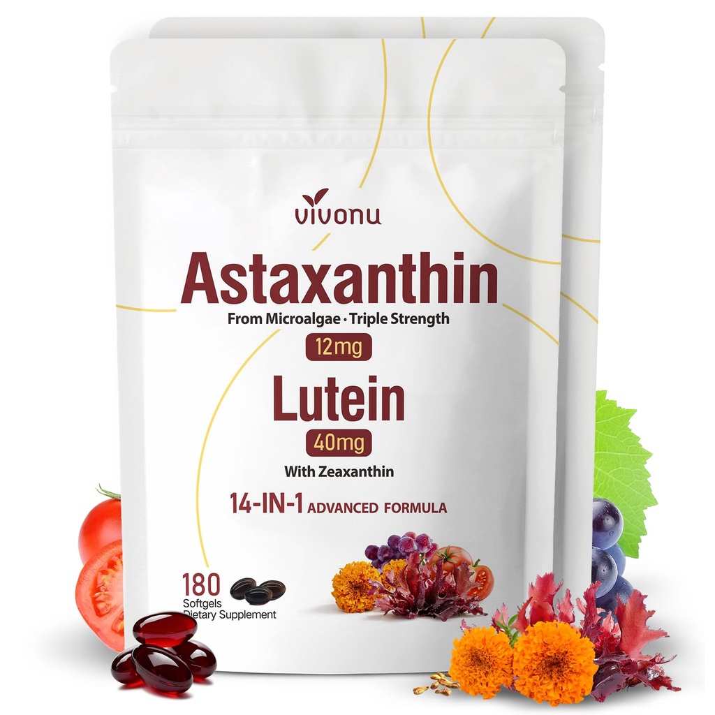 14-i-1 Astaxanthin 12mg & Lutein 40mg med Zeaxanthin kosttilskudd, 12 måneders forsyning, frisk mikroalgae kilde, støtter øye, hud, antioksidant, felles, sirkulerende helse, ikke-GMO, Glutenfri, 2 pose