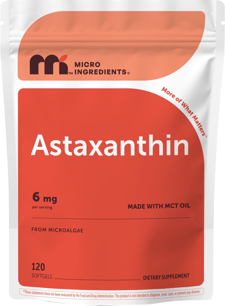 Mikro ingredienser Astaxanthin 6mg med MCT olje, 120 Softgels | Premium Astaxanthin Antioksidant kosttilskudd* | fersk mikroalgae kilde | Trippel styrke, ikke-GMO, Glutenfri, Ingen soya