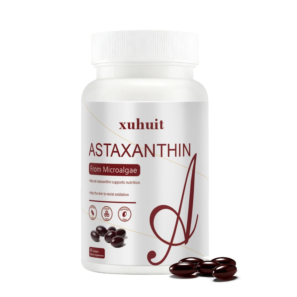 Astaxanthin 12mg 60 Softgels, Naturlig Antioksidant Supplement fra Microalgae, Ikke-GMO, Soya Free, Støtter hud helse, lett å svelge Softgels, 2 måneders forsyning (1)