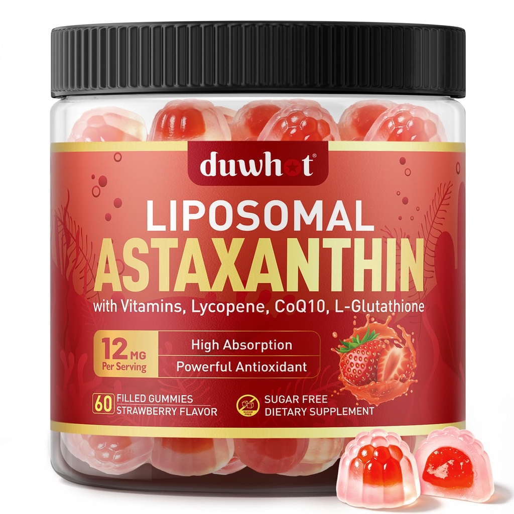 Liposomal Astaxanthin Gummies, Organic Astaxanthin 12mg Kosttilskudd med Lycopen, Glutation for kraftig antioksidant, Plus vitaminer og coQ10 for øye, hud og immun helse, sukkerfri, vegan, 60
