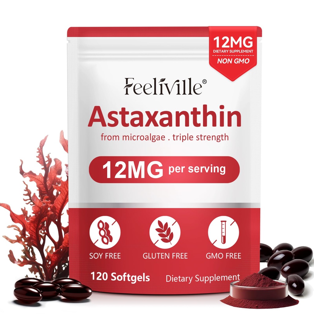 Astaxanthin Supplements, Premium Astaxanthin 12 mg Antioksidant med antioksidant aktivitet, støtter øyet, felles, immun, hudhelse, intern sirkulasjon, 1Pack(120 Softgels), ikke-GMO og ingen gluten