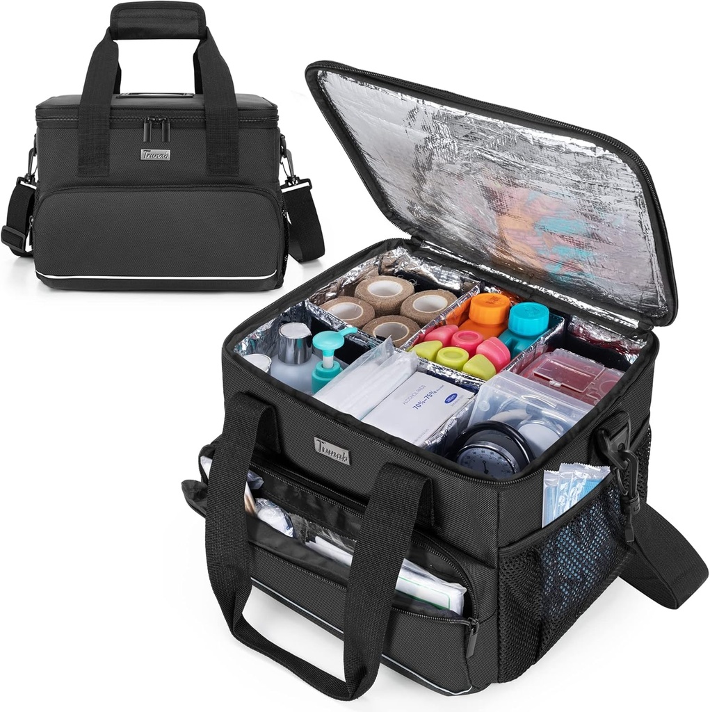 Trunab Isolert medisinsk veske med justerbare dividere, medisinske forsyninger vann-resistant veske for hjem, reise, camping, tom pose - patentert design, svart