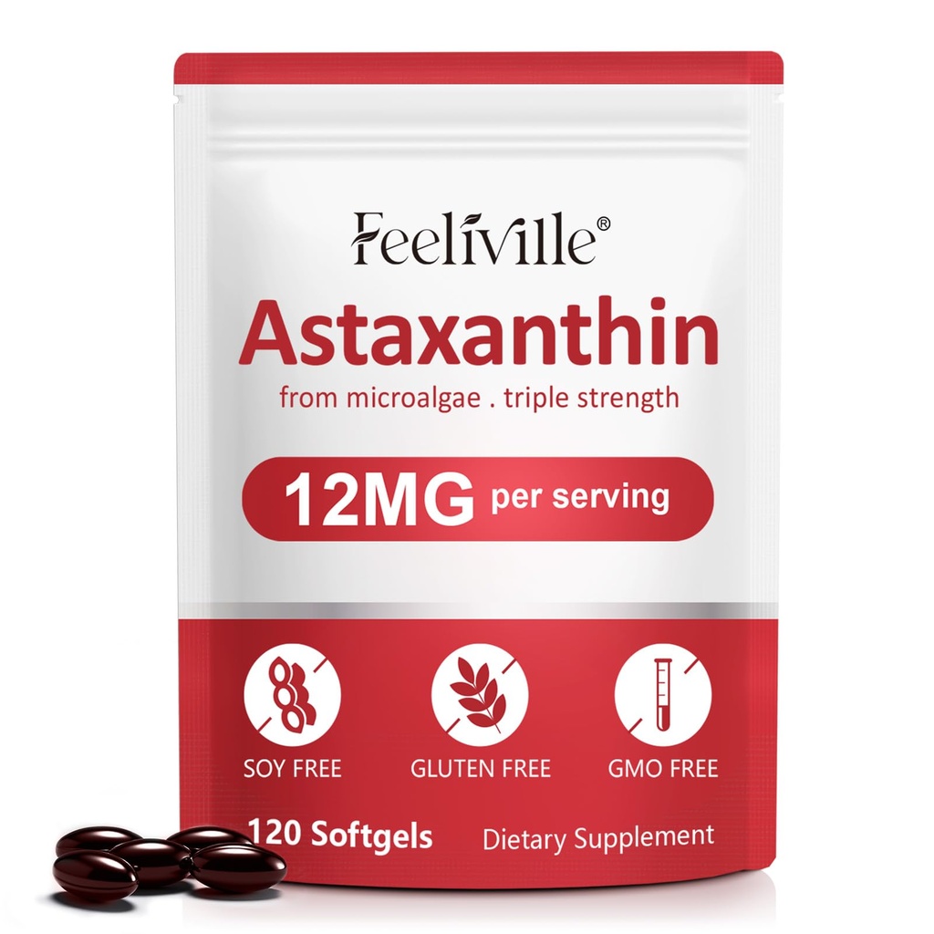Astaxanthin kosttilskudd, Astaxanthin 12mg, 120 Softgels Antioksidant Astaxantina Supplement for øye, hud, felles og immun helse, støtter intern sirkulasjon og hjerte helse, ikke-GMO og ingen gluten