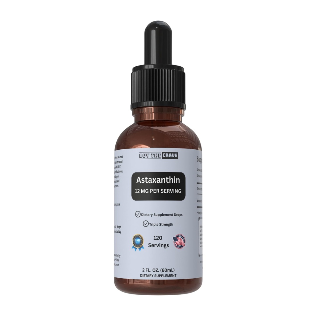 Astaxanthin flytende dråper infisert med kald presset ekstra jomfru olivenolje – 12 mg per servering – naturlig antioksidant støtte – 2 fl oz dropper flaske – vegansk, ikke-GMO