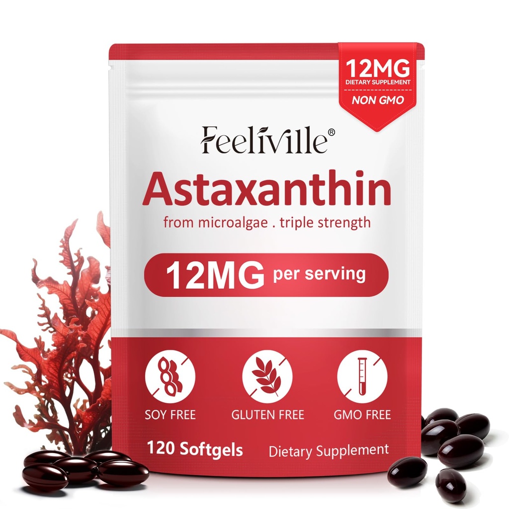 ABOUME Astaxanthin Supplements, Astaxanthin 12 mg, Fresh Microalgae Kilde, Støtter Øye, Immune, Hud Helse, Intern sirkulasjon