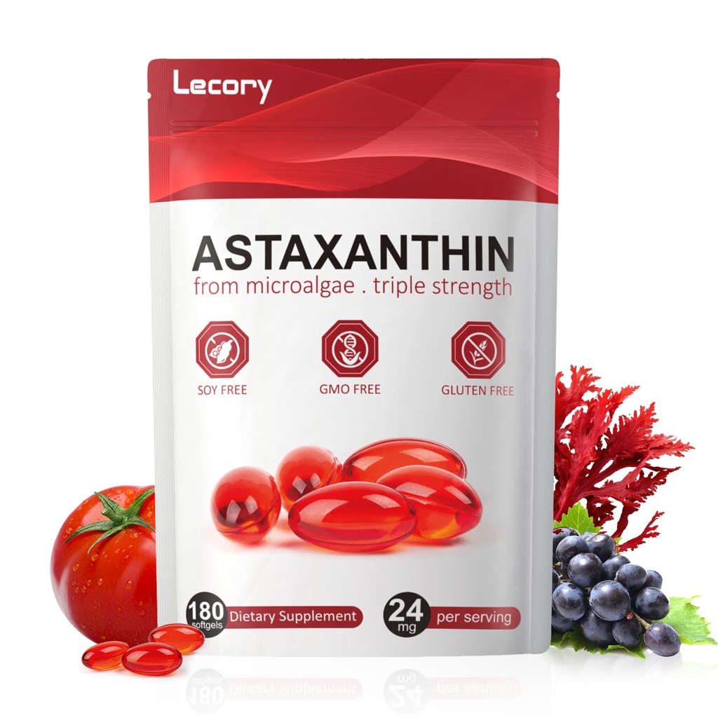 Astaxanthin 24mg, 180 Softgels | 6 måneders forsyning av Premium Antioksidant | Trippel styrke for øye, immun, hud og sirkulasjonsstøtte | Lett å svelge, ikke-GMO, soya gratis
