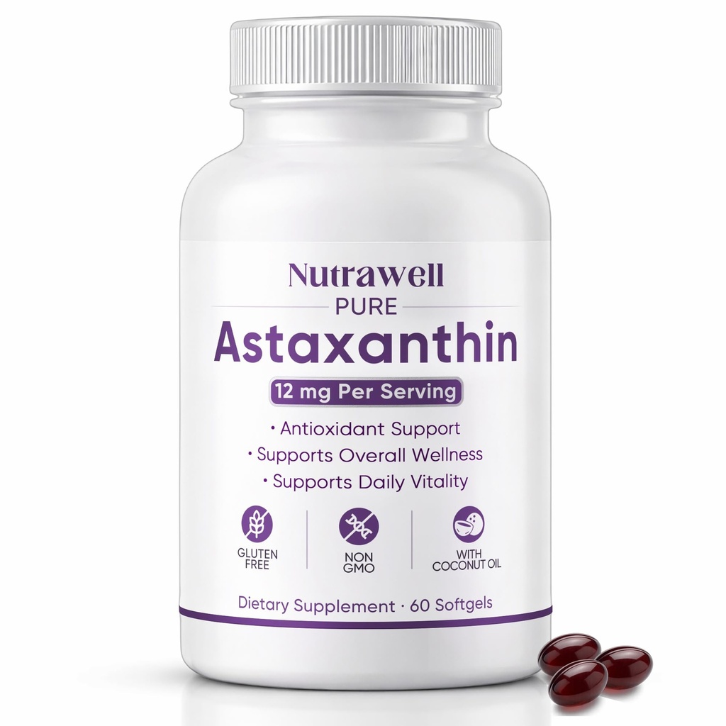 NutraWell Astaxanthin 12 mg, med kokosolje, Antioksidant støtte Supplement, Ikke-GMO, Glutenfri, 60 Softgels