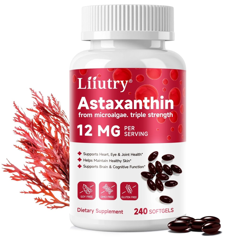 Astaxanthin 12mg | 240 Softgels | Premium Astaxanthin Antioksidant kosttilskudd med antioksidant aktivitet | Astaxanthin fra Haemotococcus Pluvialis Algae | Støtter øye, hud, immunsystem helse