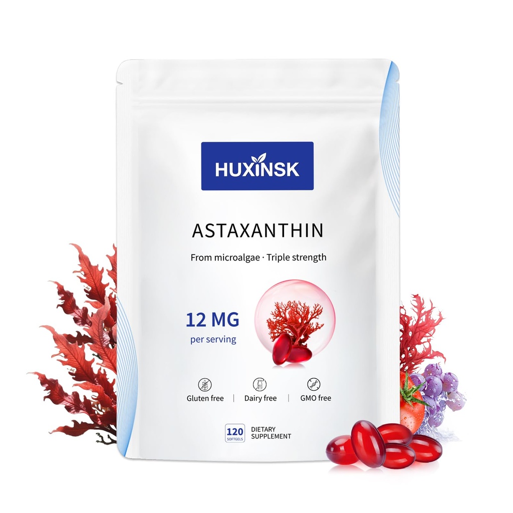 Astaxanthin 12mg Supplements, 120 Softgel, Max styrke Astaxanthin Antioksidant Supplements Form Frisk Mikroalgae, 4 måneders forsyning, Støtter øye, hud, felles, hjerne, hjerte og immunsystem helse, 1 pose
