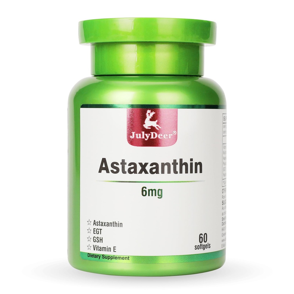 JuliDeer Astaxanthin 6 mg Per Serving, 60 Softgels – Dobbelt styrke Microalgae – Naturlig Hematococcus Pluvialis Source – Antioksidant kosttilskudd for hud, øyne, ledd og immunstøtte – Ikke-GMO