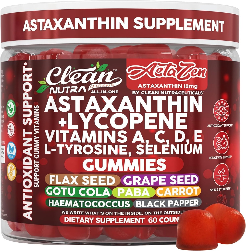 Rene Nutraceuticals AstaZen Astaxanthin Gummies 12 mg - med Lycopen, Vitaminer A C D E, L-Tyrosin & Selenium - Antioksidant støtte Gummies - 60 greve