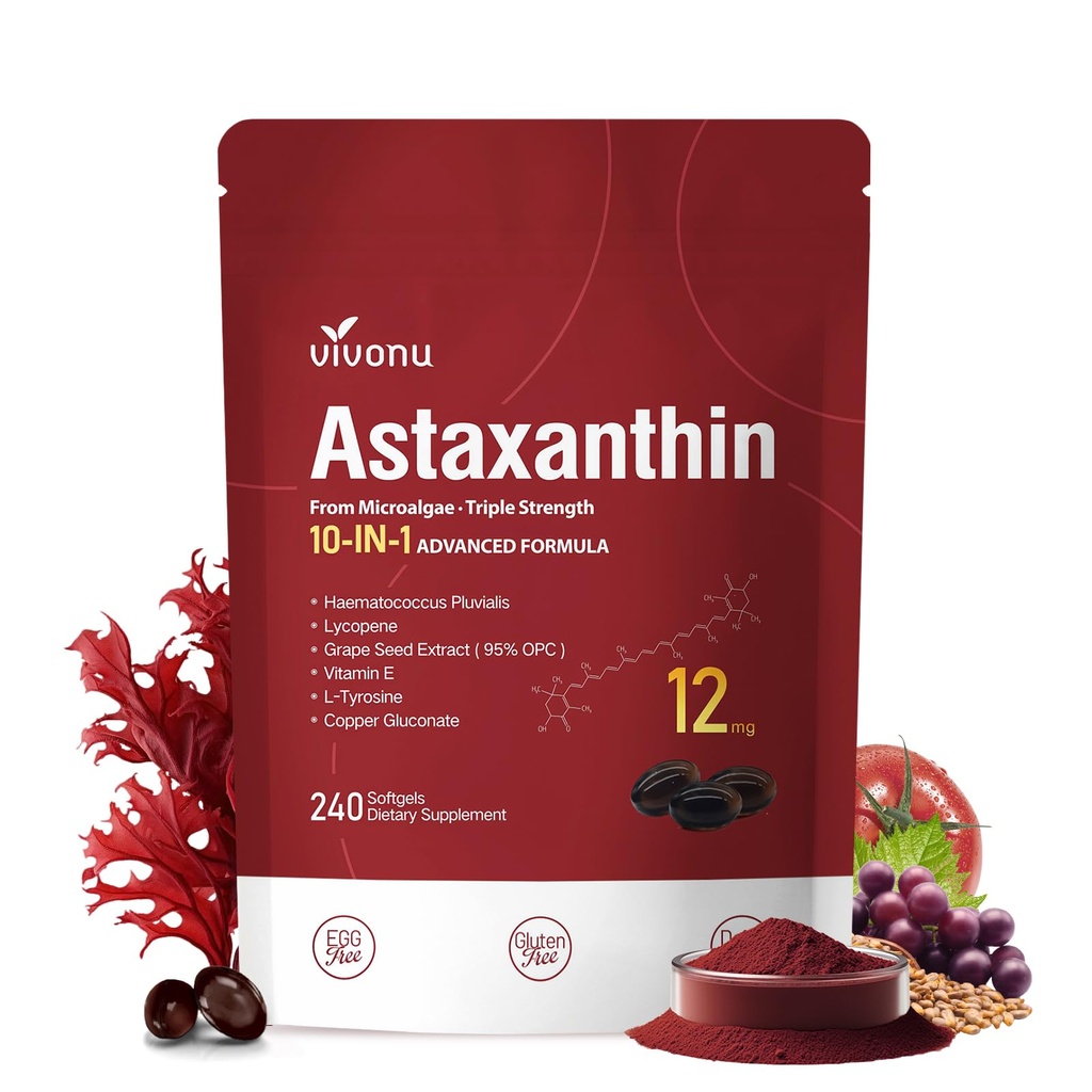 VivoNu Astaxanthin 12 mg Kosttilskudd, 240 Softgels, Frisk Hematococcus Pluvialis 10 i 1 Astaxanthin Antioksidant Kosttilskudd, støtter øye, hud, felles, hjerne, hjerte og immunsystem helse