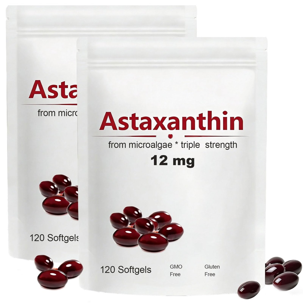 2pack Astaxanthin 12 mg, 120 Softgels, Maks styrke antioksidant med kokosolje, naturlig formel, høy absorpsjon for øye og hud støtte, naturlig formel, ikke-GMO, Glutenfri