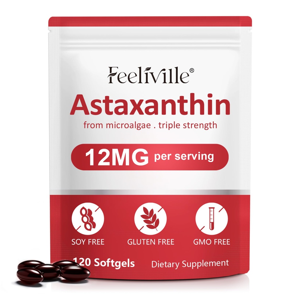 Astaxanthin 12mg (120 Softgels) - Premium Astaxanthin Antioksidant Supplements - Støtter øye, intern sirkulasjon, immun- og hudhelse - Fresh Microalgae Source - Ikke-GMO & No Gluten