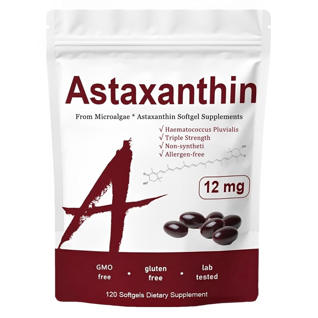Astaxanthin 12mg, Tredobbelt styrke hudvitaminer for kvinner med antioksidant aktivitet, støtter immun, hud, øye og felles helse,Promote intern sirkulasjon, Chocolate Flavor,120 serveringer