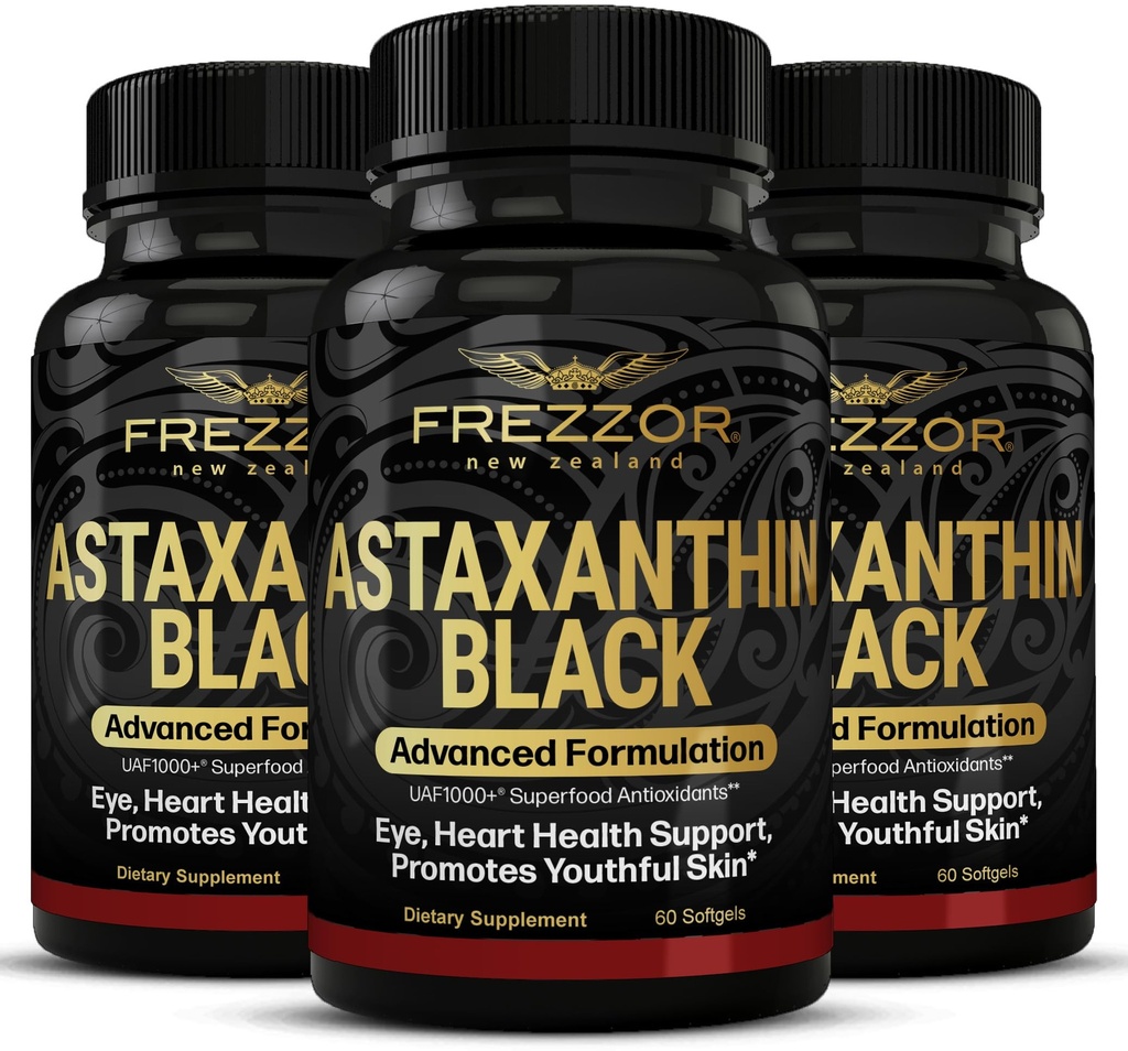 FREZZOR Astaxanthin Svart med UAF1000+ Super Antioksidant, støtter hjerte, øye og hjerne helse, anti-aldring hudpleie og cellulære beskyttelse, 12 mg Astaxanthin per server, 180 Softgels, 3 måneders forsyning