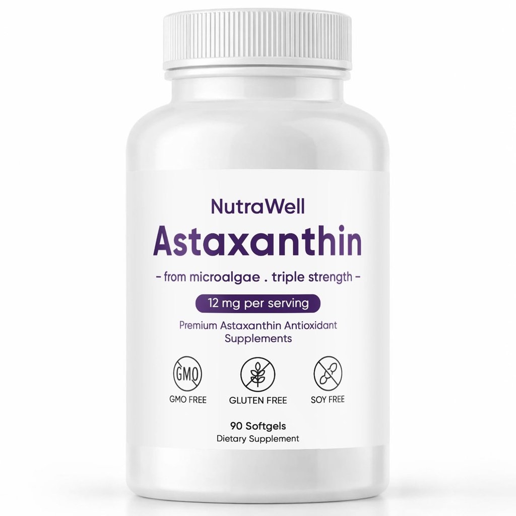 Nutrawell Astaxanthin - Daglig Antioksidant velvære Supplement med naturlig kildet Astaxanthin ren formel for aktiv voksen livsstil lett å ta kapsler - 90 Softgels (1)