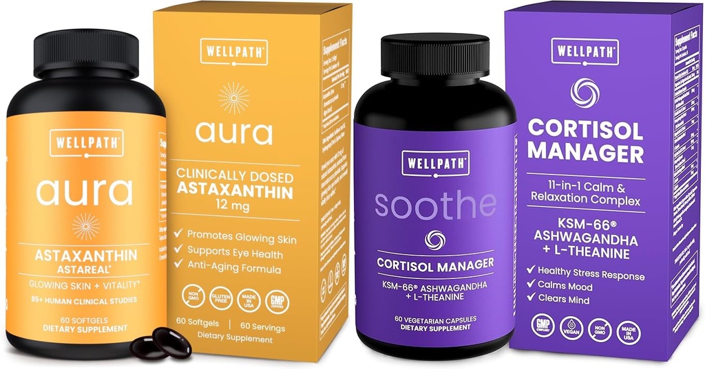 WellPath Astaxanthin 12mg – Naturlige Astaxanthin Supplement fra Microalgae – Antioksidanter med mikroingredienser og Soothe Cortisol Manager - Cortisol Supplements for kvinner med KSM-66® Ashwagandha