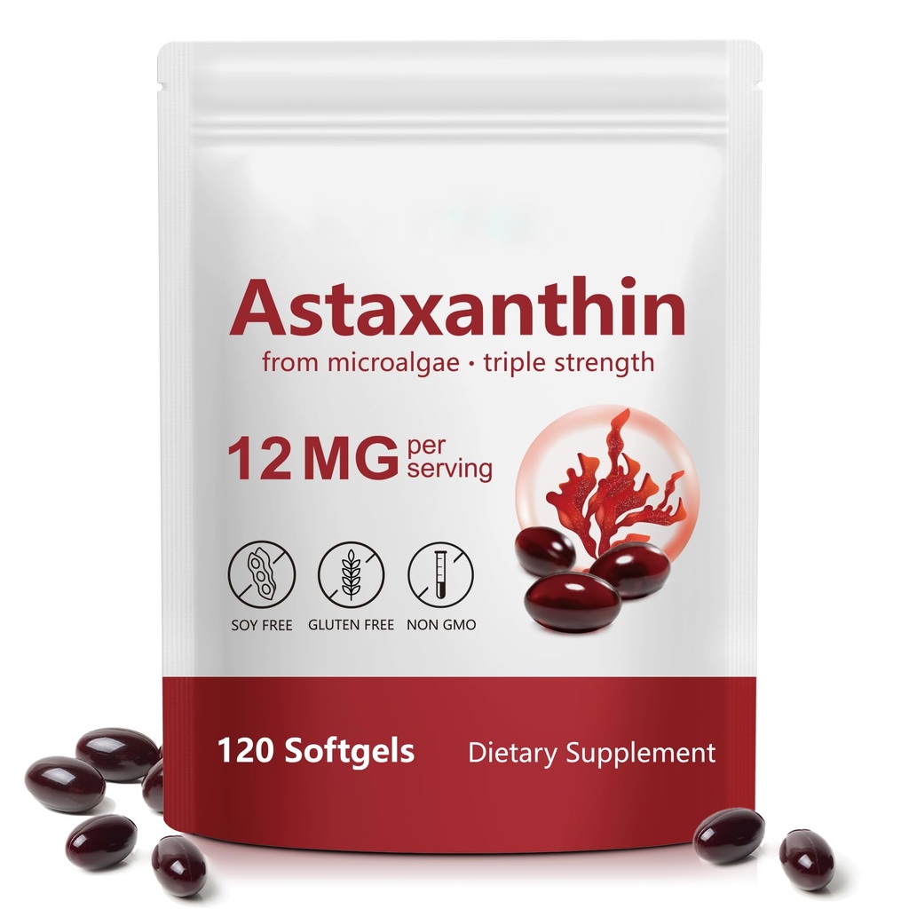 HUALIJIA Astaxanthin 12mg, 120 Softgels ® 4 måneders forsyning - Premium Astaxanthin Antioksidant kosttilskudd - støtter øye, immun, felles, hudhelse og intern sirkulasjon, lett å svelge, ikke-GMO
