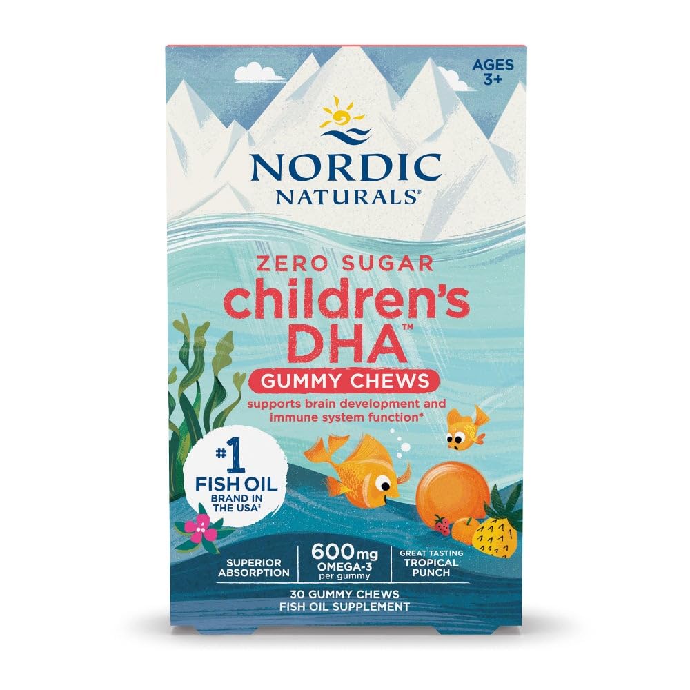 Nordic Naturals Zero Sugar Children's DHA Gummy Chews, Tropisk Punch - 30 Gummy Chews for barn - 600 mg Total Omega-3s - Hjerneutvikling, læring, sunn immunitet - Non-GMO - 30 Services