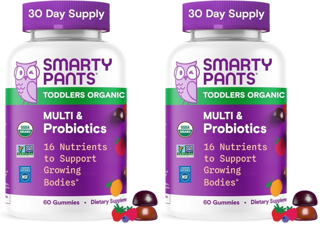 SmartyPants Organic Toddler Multivitamin Gummies: Probiotika, Omega 3 (ALA),Vitamin D3,C,Vitamin B12,B6,A,K&Zinc,Beta Caroten, Glutenfri, Tre fruktflavors, (30 dagers forsyning), 60 greve (pakke med 2)