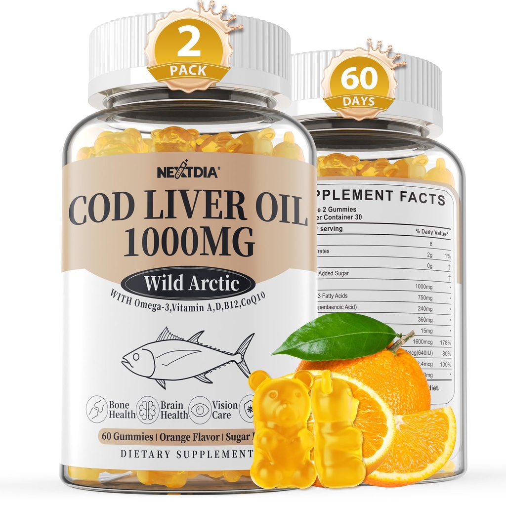 Cod Liver Oil 1000mg Gummies for voksne og barn, med vitamin A & D3 - Omega 3 Fish Oil Supplement - DHA 360mg & EPA 240mg for hjernen, bein, øye og immun helse, sukker gratis, 120 count