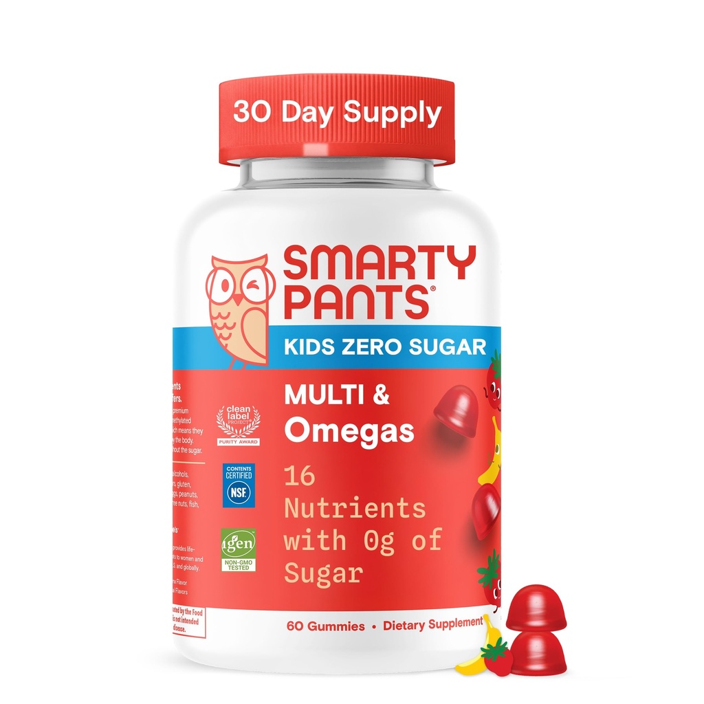 SmartyPants Kids Zero Sugar Multivitamin Gummies: Omega-3, Vitaminer D, C, A, Plantebasert, Glutenfri, Jordbær Banana Flavor, 60 greve (30 dagers forsyning)