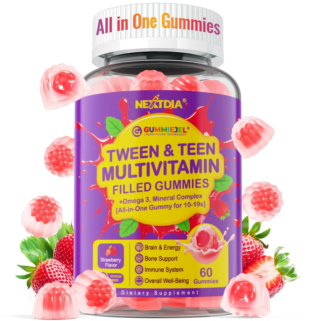 Nextdia Multivitamin Fyllte Gummies for Tenåringer Jenter 12-17, 18, 19, Kids 10+ Multivitamin med Omega 3, Kalsium + magnesium + sink, Multi-Minerals for Ungdom 10-19S Hjerne, Bein, Energi, Immun