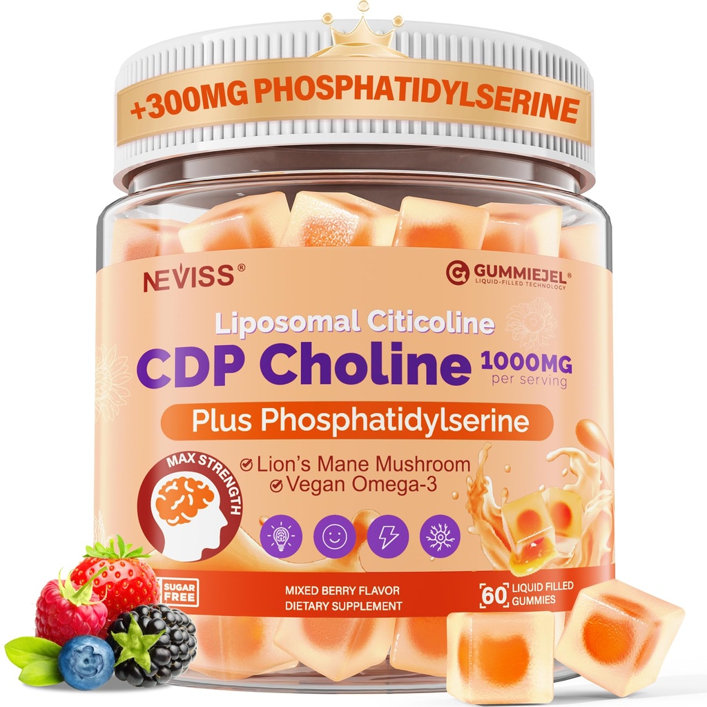 Citicoline 1000mg & Fosfatidyserine 300mg Kosttilskudd CDP Choline Gummies, Brain Supplement for minne og fokus w / Lion's Mane Mushroom, Omega-3, Metylfolat, B6 & B12, Ikke-GMO,Sugar Free,60ct