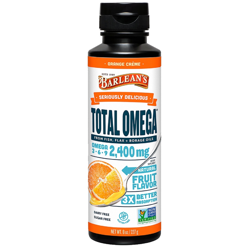 Barleans totale omega 3 6 9 oransje crème flytende fiskeolje Supplement med bore- og flaksfrøolje, 2.400 mg omega EPA og DHA Plus GLA for ledd og hjerte helse, 8 oz