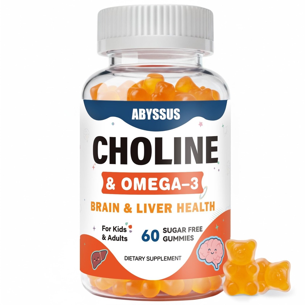 ABYSSUS Choline Gummies for barn og voksne, sukker gratis Choline Bitartrat kosttilskudd med Algal Omega-3 DHA EPA og aktiv B6 B12, hjerne og lever støtte, vegan, 60 greve