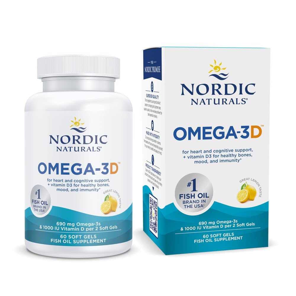 Nordic Naturals Omega-3D, Lemon Flavor - 60 myk geler - 690 mg Omega-3 + 1000 IU Vitamin D3 - Fiskeolje - EPA & DHA - Immunstøtte, Helse og hjerte helse, sunne bein - Ikke-GMO - 30