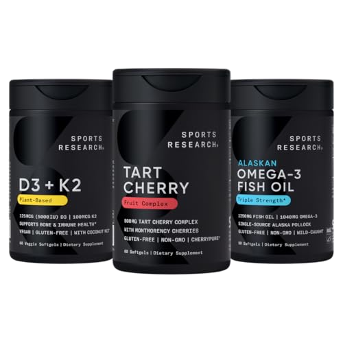 Sports Research® Multivitamin Pack w/CherryPure® Tart Cherry Fruit Complex 800 mg, Vitamin D3 5000iu + K2 100mcg, og Alaskan Omega-3 Fish Oil 1250mg - Ikke-GMO · Sukkerfri · Glutenfri