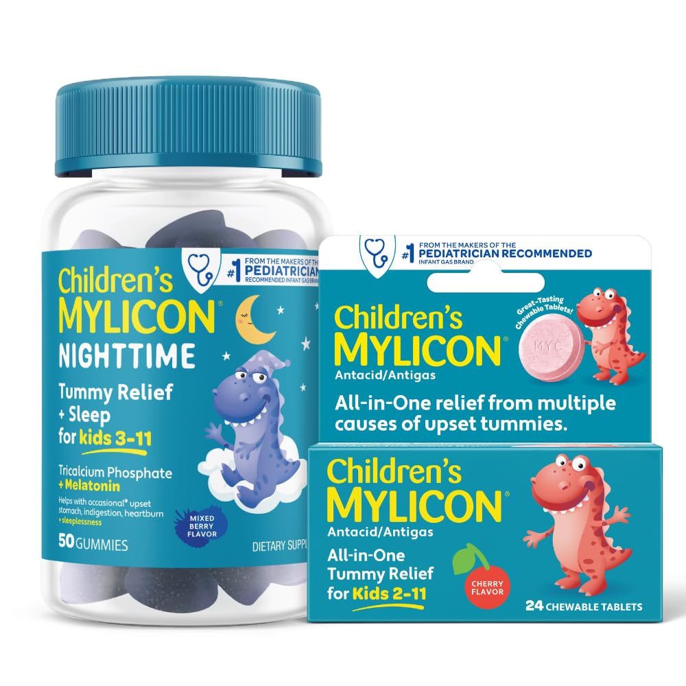 MYLICON Tummy Relief For Kids Bundle, Daytime Tummy Relief Tabletter + Nighttime Gummies Med Melatonin