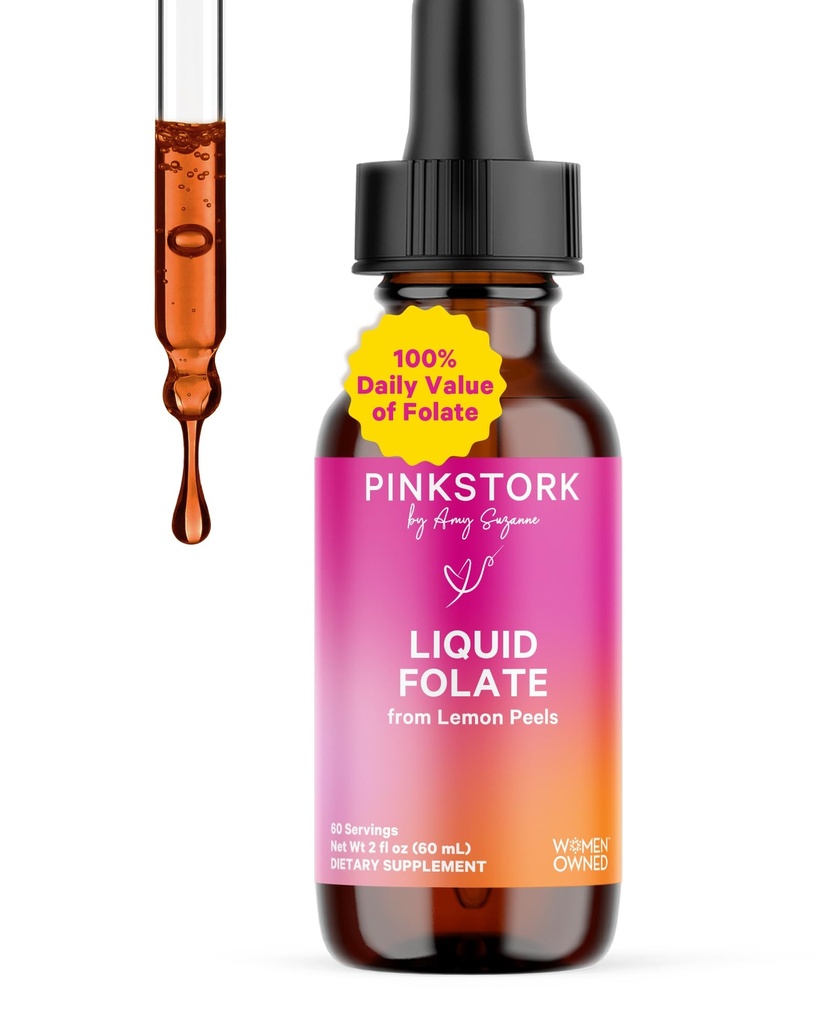 Pink Stork flytende folat dråper - 5-MTHF Metylfolat B9 Vitamin | Flytende folsyre alternativ for kvinner | Prenatal Folat, Ikke-GMO, Vegan, Sublingual Metylfolat Supplement | 2 fl oz